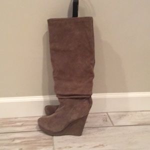 Tan suede knee high wedge boots